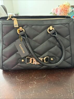 bebe Quilted Black Satchel with Gold-Tone Accents